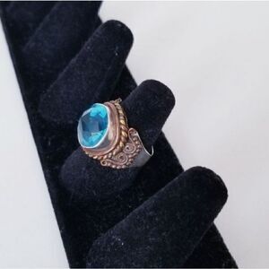 Vintage antiqued Silver two tone Blue Topaz ring